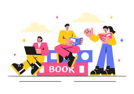 Education and Knowledge Books Vector Illustration featuring People Studying and School Items for Learning in a Flat Style Cartoon Backgroundのイラスト素材