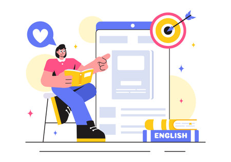 Education and Knowledge Books Vector Illustration featuring People Studying and School Items for Learning in a Flat Style Cartoon Backgroundのイラスト素材