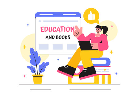 Education and Knowledge Books Vector Illustration featuring People Studying and School Items for Learning in a Flat Style Cartoon Backgroundのイラスト素材