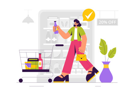 Vector Illustration of a Grocery Store Shelf Stocked with Assorted Food Items and Products for Daily Shopping Needs in a Flat style Backgroundのイラスト素材
