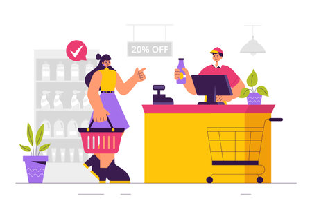 Vector Illustration of a Grocery Store Shelf Stocked with Assorted Food Items and Products for Daily Shopping Needs in a Flat style Backgroundのイラスト素材