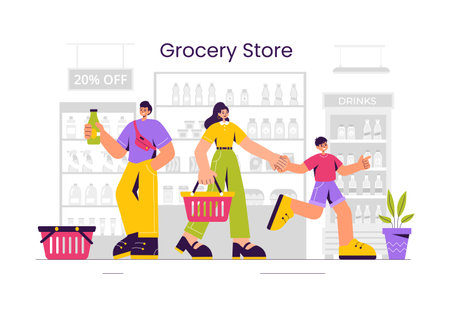 Vector Illustration of a Grocery Store Shelf Stocked with Assorted Food Items and Products for Daily Shopping Needs in a Flat style Backgroundのイラスト素材