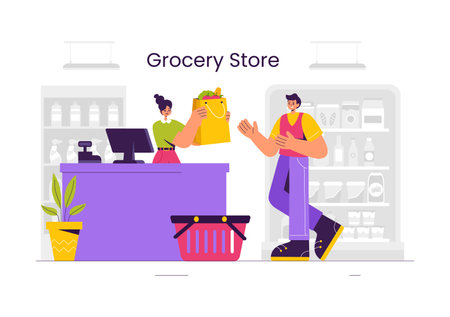 Vector Illustration of a Grocery Store Shelf Stocked with Assorted Food Items and Products for Daily Shopping Needs in a Flat style Backgroundのイラスト素材