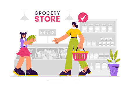 Vector Illustration of a Grocery Store Shelf Stocked with Assorted Food Items and Products for Daily Shopping Needs in a Flat style Backgroundのイラスト素材
