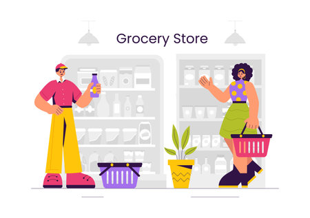 Vector Illustration of a Grocery Store Shelf Stocked with Assorted Food Items and Products for Daily Shopping Needs in a Flat style Backgroundのイラスト素材