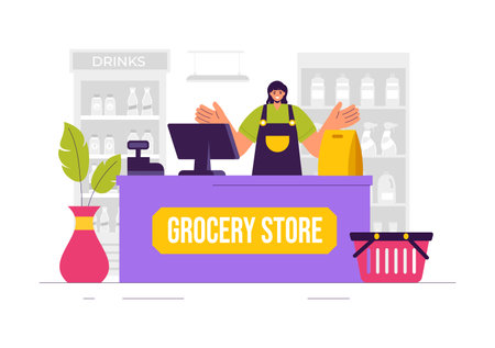 Vector Illustration of a Grocery Store Shelf Stocked with Assorted Food Items and Products for Daily Shopping Needs in a Flat style Backgroundのイラスト素材