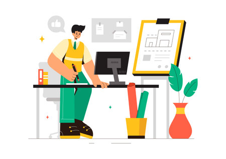 Vector illustration of a Drafting Engineer or Architect Working on a Drawing Board, Projecting Plans and Creating Drafts for Construction Projectsのイラスト素材