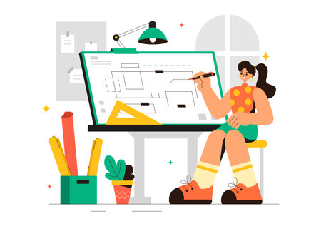Vector illustration of a Drafting Engineer or Architect Working on a Drawing Board, Projecting Plans and Creating Drafts for Construction Projectsのイラスト素材