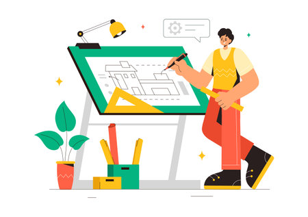 Vector illustration of a Drafting Engineer or Architect Working on a Drawing Board, Projecting Plans and Creating Drafts for Construction Projectsのイラスト素材