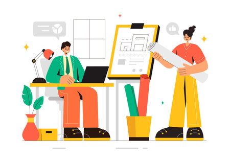 Vector illustration of a Drafting Engineer or Architect Working on a Drawing Board, Projecting Plans and Creating Drafts for Construction Projectsのイラスト素材