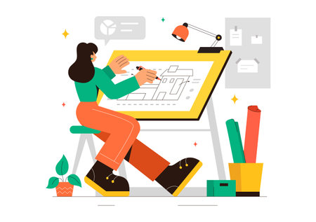 Vector illustration of a Drafting Engineer or Architect Working on a Drawing Board, Projecting Plans and Creating Drafts for Construction Projectsのイラスト素材