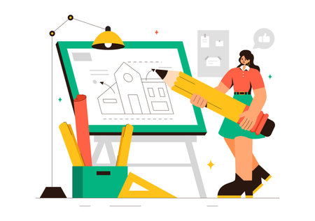 Vector illustration of a Drafting Engineer or Architect Working on a Drawing Board, Projecting Plans and Creating Drafts for Construction Projectsのイラスト素材