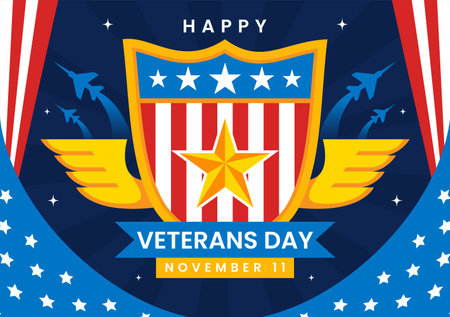 Happy Veterans Day Vector Illustration on November 11 featuring the USA Flag and Soldiers, Honoring All Who Served in a Flat Style Cartoon Backgroundのイラスト素材