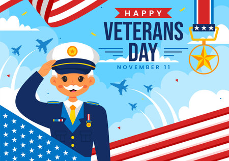 Happy Veterans Day Vector Illustration on November 11 featuring the USA Flag and Soldiers, Honoring All Who Served in a Flat Style Cartoon Backgroundのイラスト素材