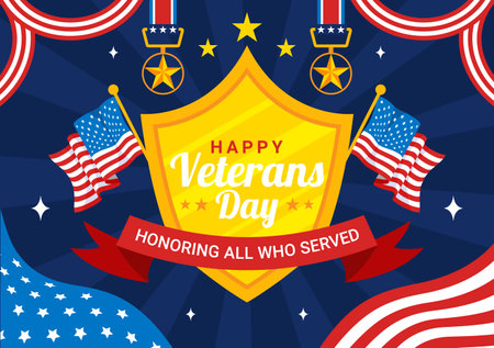Happy Veterans Day Vector Illustration on November 11 featuring the USA Flag and Soldiers, Honoring All Who Served in a Flat Style Cartoon Backgroundのイラスト素材