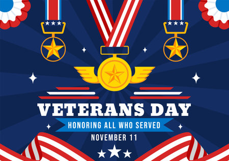 Happy Veterans Day Vector Illustration on November 11 featuring the USA Flag and Soldiers, Honoring All Who Served in a Flat Style Cartoon Backgroundのイラスト素材