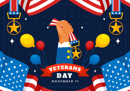Happy Veterans Day Vector Illustration on November 11 featuring the USA Flag and Soldiers, Honoring All Who Served in a Flat Style Cartoon Backgroundのイラスト素材