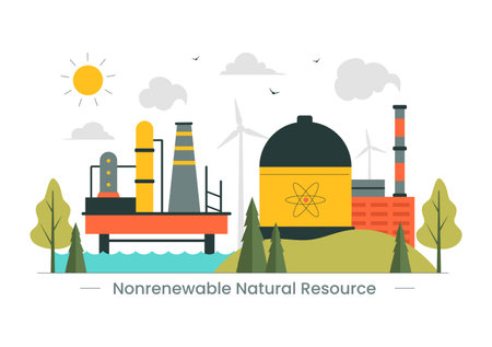 Nonrenewable Natural Energy Resources Vector Illustration Featuring Nuclear, Petroleum, Oil, Natural Gas, and Coal Fuels in a Flat Style Backgroundのイラスト素材