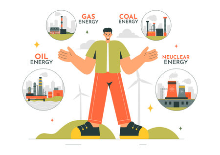 Nonrenewable Natural Energy Resources Vector Illustration Featuring Nuclear, Petroleum, Oil, Natural Gas, and Coal Fuels in a Flat Style Backgroundのイラスト素材