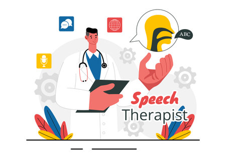 Speech Therapy Vector Illustration featuring a Therapist Teaching Basic Language Skills and Addressing Articulation Problems in an Educationalのイラスト素材