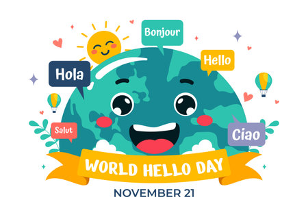 World Hello Day Vector Illustration on November 21 with Speech Bubbles Displaying Greetings in Multiple Languages from Around the in a Backgroundのイラスト素材