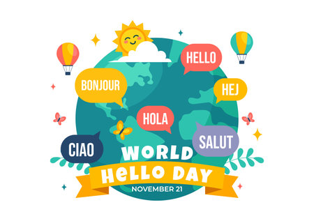 World Hello Day Vector Illustration on November 21 with Speech Bubbles Displaying Greetings in Multiple Languages from Around the in a Backgroundのイラスト素材