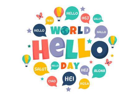 World Hello Day Vector Illustration on November 21 with Speech Bubbles Displaying Greetings in Multiple Languages from Around the in a Backgroundのイラスト素材
