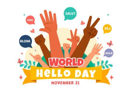 World Hello Day Vector Illustration on November 21 with Speech Bubbles Displaying Greetings in Multiple Languages from Around the in a Backgroundのイラスト素材