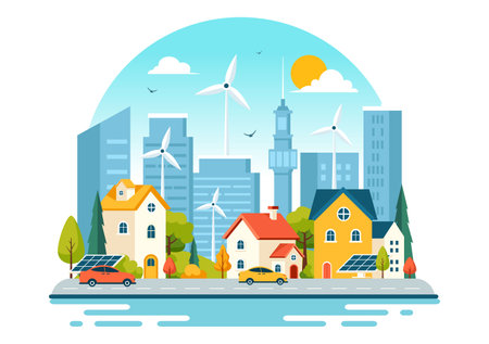 Energy Efficiency in the City Vector Illustration Featuring a Sustainable Environment with Electricity Generated from Solar and Wind Powerのイラスト素材