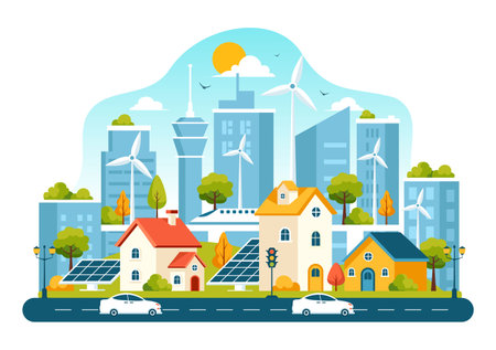 Energy Efficiency in the City Vector Illustration Featuring a Sustainable Environment with Electricity Generated from Solar and Wind Powerのイラスト素材