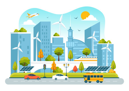 Energy Efficiency in the City Vector Illustration Featuring a Sustainable Environment with Electricity Generated from Solar and Wind Powerのイラスト素材