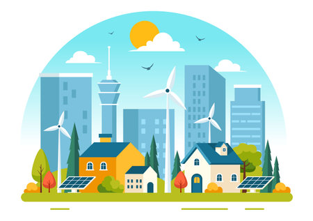 Energy Efficiency in the City Vector Illustration Featuring a Sustainable Environment with Electricity Generated from Solar and Wind Powerのイラスト素材