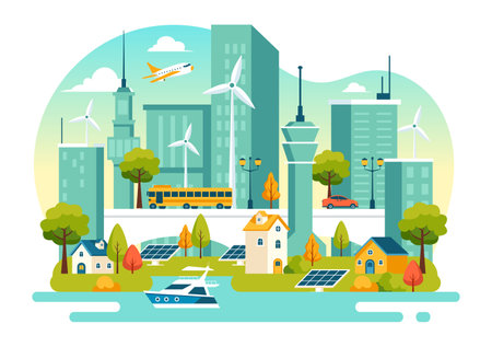 Energy Efficiency in the City Vector Illustration Featuring a Sustainable Environment with Electricity Generated from Solar and Wind Powerのイラスト素材