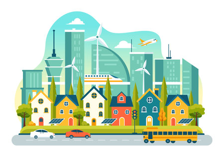 Energy Efficiency in the City Vector Illustration Featuring a Sustainable Environment with Electricity Generated from Solar and Wind Powerのイラスト素材