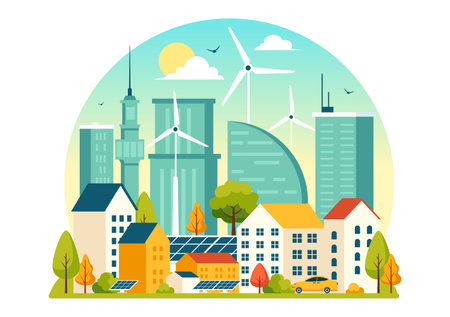 Energy Efficiency in the City Vector Illustration Featuring a Sustainable Environment with Electricity Generated from Solar and Wind Powerのイラスト素材