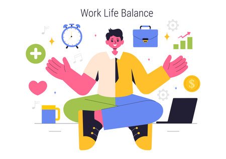 Work Life Balance Vector Illustration of a Person Balancing Job, Family and Leisure Activities in a Multitasking Flat Style Cartoon Backgroundのイラスト素材