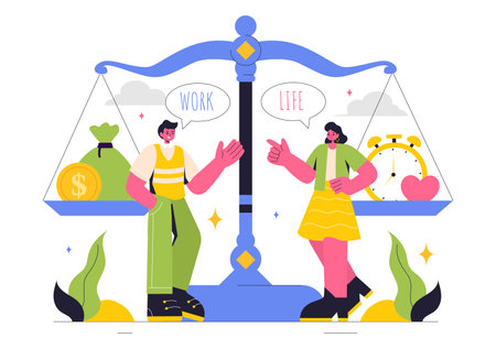 Work Life Balance Vector Illustration of a Person Balancing Job, Family and Leisure Activities in a Multitasking Flat Style Cartoon Backgroundのイラスト素材