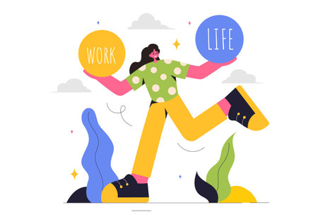 Work Life Balance Vector Illustration of a Person Balancing Job, Family and Leisure Activities in a Multitasking Flat Style Cartoon Backgroundのイラスト素材