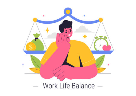 Work Life Balance Vector Illustration of a Person Balancing Job, Family and Leisure Activities in a Multitasking Flat Style Cartoon Backgroundのイラスト素材