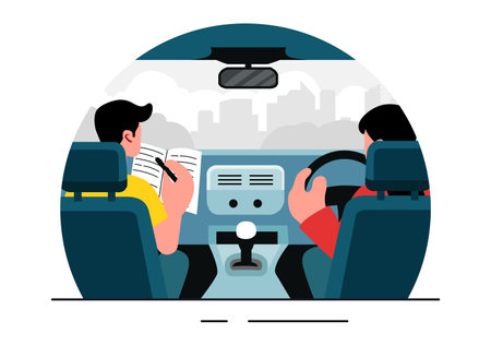 Driving School Vector Illustration Featuring the Educational Process of Car Training and Learning to Drive Obtain a Driver's License in a Backgroundのイラスト素材