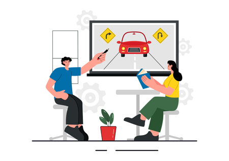 Driving School Vector Illustration Featuring the Educational Process of Car Training and Learning to Drive Obtain a Driver's License in a Backgroundのイラスト素材