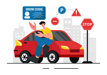 Driving School Vector Illustration Featuring the Educational Process of Car Training and Learning to Drive Obtain a Driver's License in a Backgroundのイラスト素材