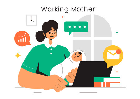 Working Mother Vector Illustration featuring a Mother who Juggles Work and Childcare at Home, Multitasking in a Flat Style Cartoon Backgroundのイラスト素材