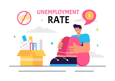 Unemployment Rate Vector Illustration featuring individuals actively searching for Jobs Amid Economic Downturns and Financial Crises in a Backgroundのイラスト素材