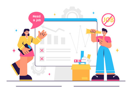 Unemployment Rate Vector Illustration featuring individuals actively searching for Jobs Amid Economic Downturns and Financial Crises in a Backgroundのイラスト素材