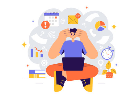 Overloading Vector Illustration of a Busy Employee Multitasking to Complete Numerous Documents and Digital Tasks in a Flat Style Cartoon Backgroundのイラスト素材