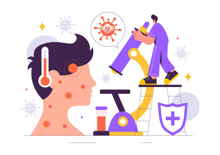 Monkeypox Outbreak Vector Illustration Showing Virus Symptoms in Humans with Microbiological Elements in a Healthcare Flat Style Cartoon Backgroundのイラスト素材