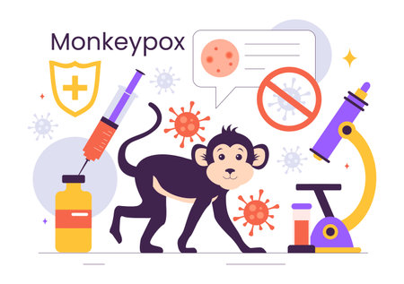 Monkeypox Outbreak Vector Illustration Showing Virus Symptoms in Humans with Microbiological Elements in a Healthcare Flat Style Cartoon Backgroundのイラスト素材
