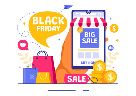 Black Friday Sale Event Vector Illustration with Shopping Paper Bags and Big Promotion Discount Purchases Goods for Promotions in a Flat Backgroundのイラスト素材