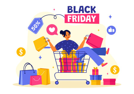 Black Friday Sale Event Vector Illustration with Shopping Paper Bags and Big Promotion Discount Purchases Goods for Promotions in a Flat Backgroundのイラスト素材